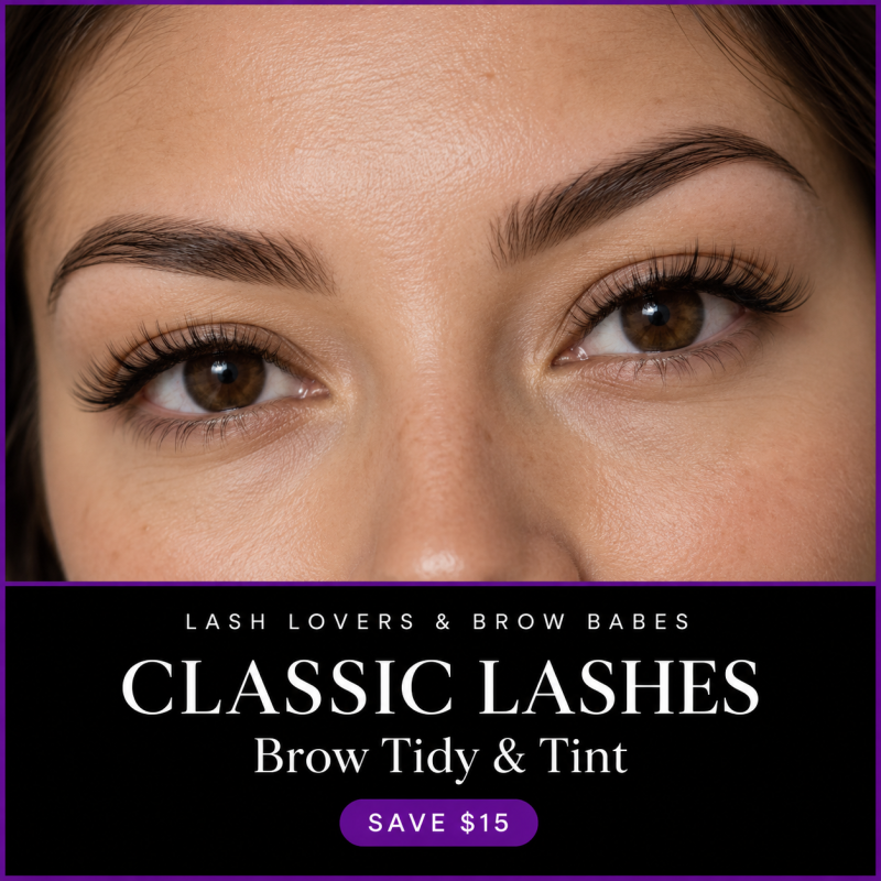 Classic lash extensions with brow tidy and tint — natural skin tones and black and purple package branding