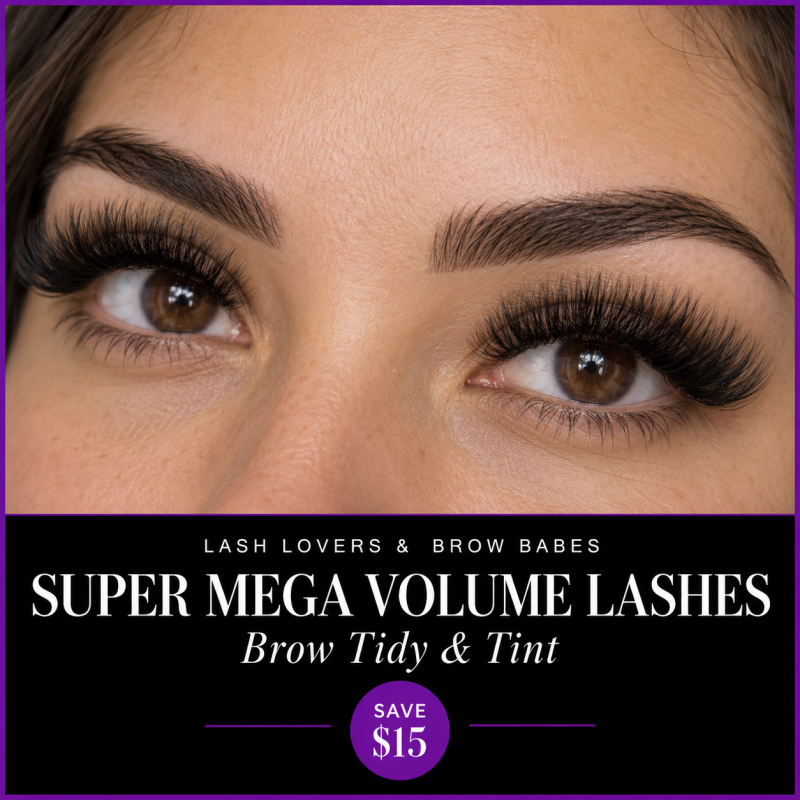 Super Mega Volume lash extensions with brow tidy and tint — natural skin tones and black and purple package branding