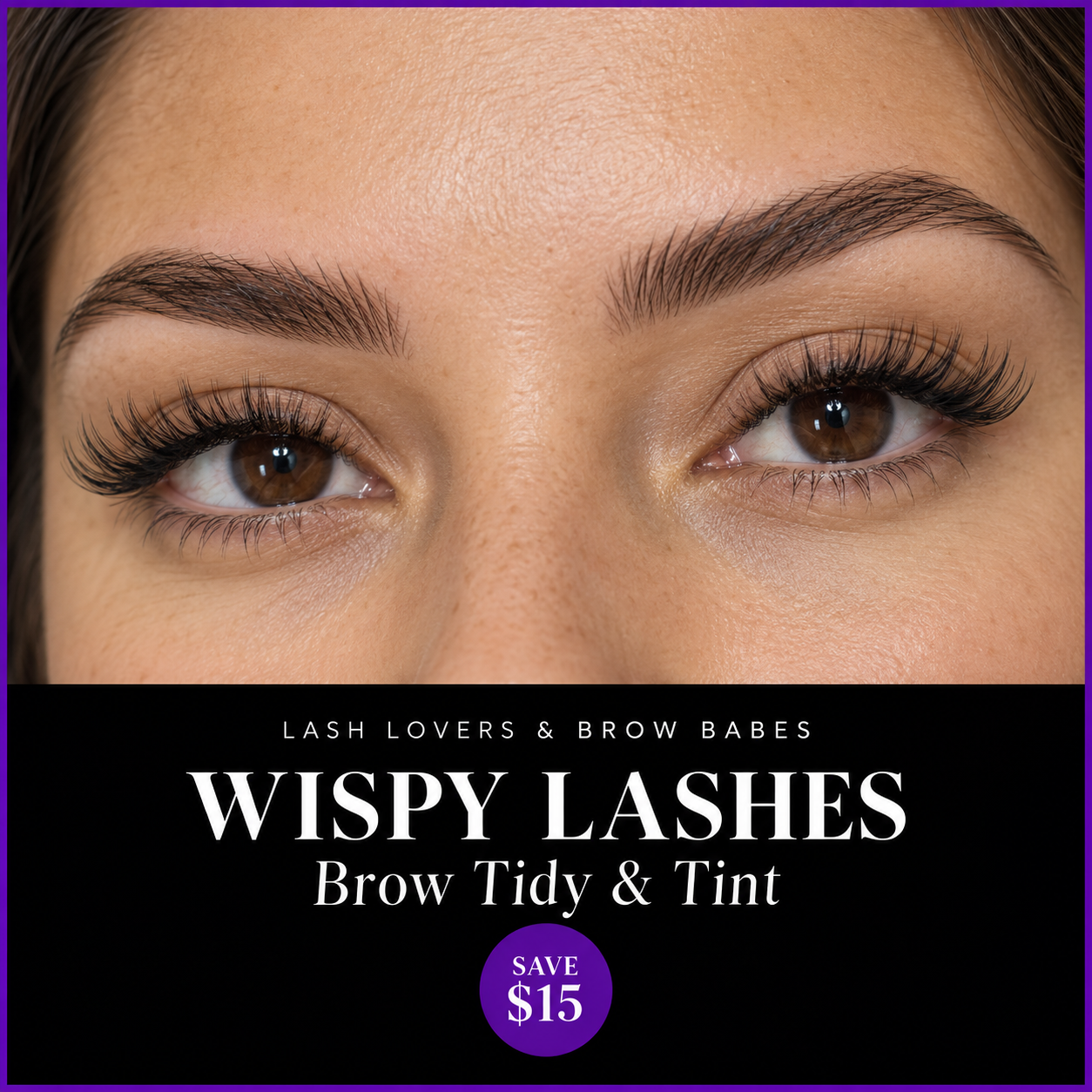 Wispy lash extensions with brow tidy and tint — natural skin tones and black and purple package branding